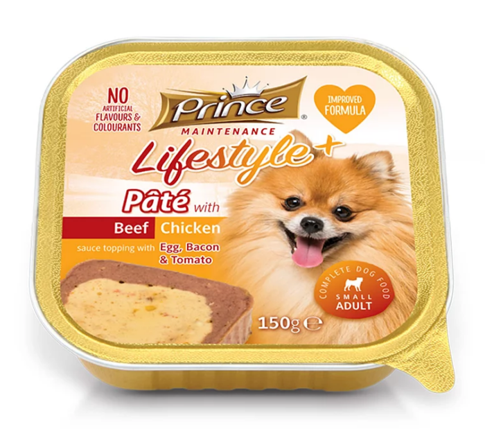 Prince Lifestyle+. Paté Beef Chicken. Paté con ternera y pollo en salsa con huevo, tocino y tomate. Perro adulto pequeño. 150g