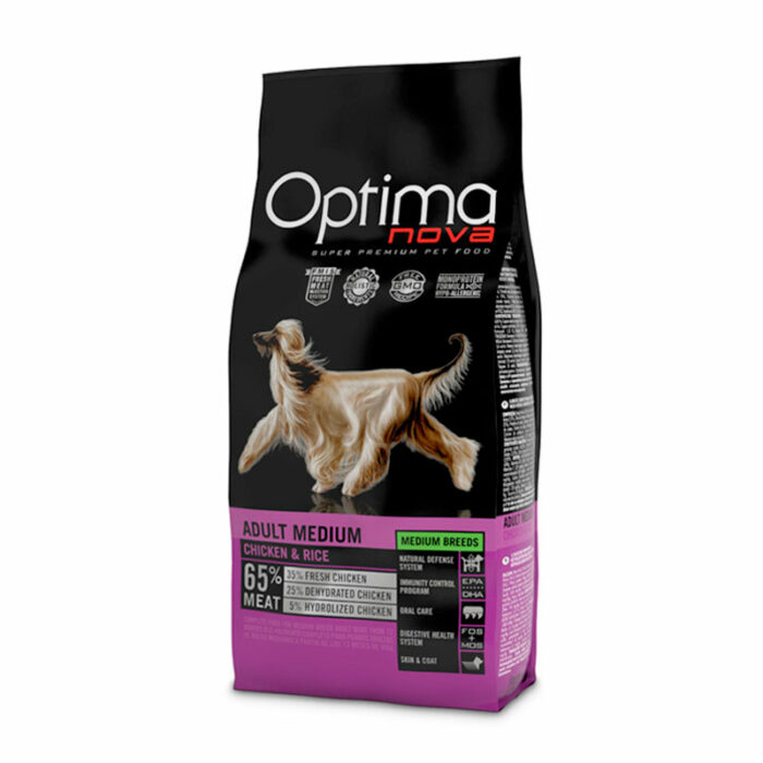 Optima Nova Adult Medium Chicken & Rice. Perros adultos medianos, pollo y arroz. 2Kg