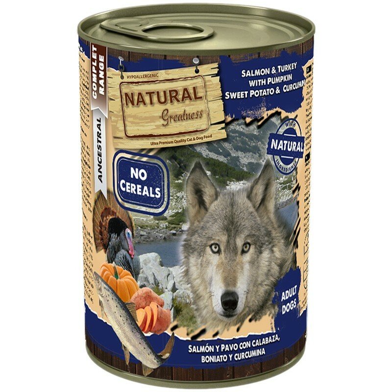 Lata Natural Greatness Pavo con Salmón, Calabaza, Boniato y Espino Amarillo 400g