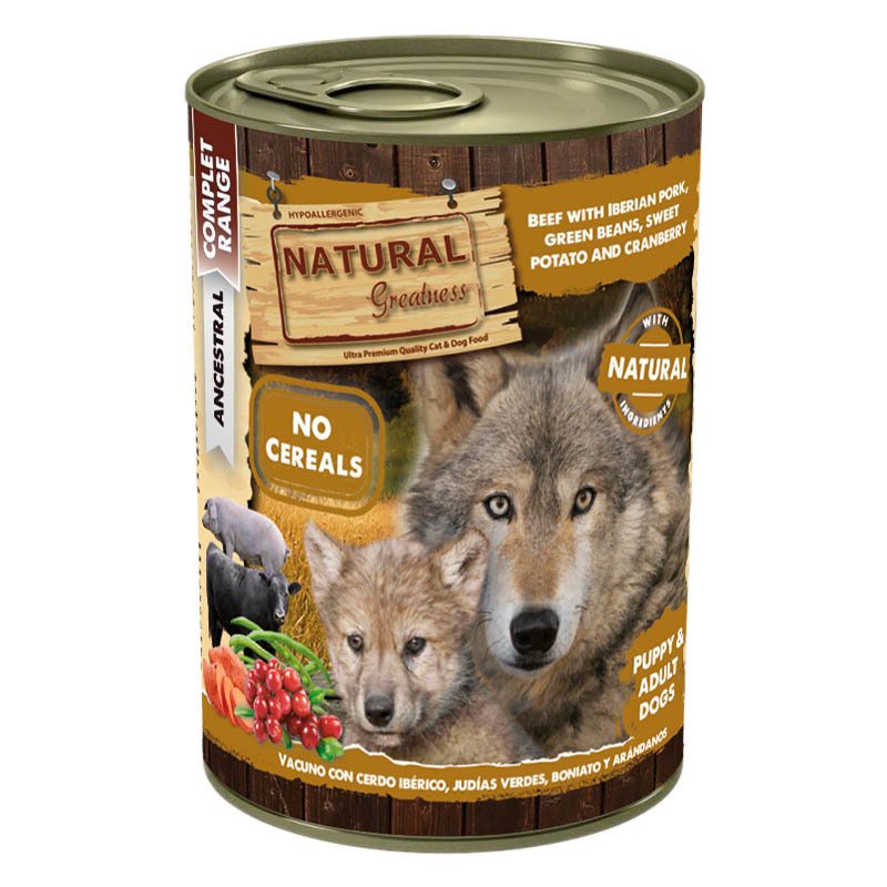 Lata Natural Greatness Vacuno con Cerdo Ibérico, Judías Verdes, Boniato y Arándanos 400 g